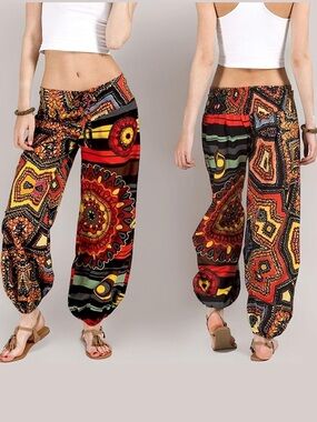 Bohemian Printed Harem Pants Cotton Multicolour Geometric Trousers  Size L / XL